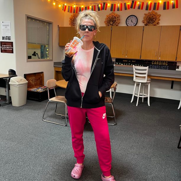 Mrs. Lerner Poses in her 'teenager' outfit for Age Day